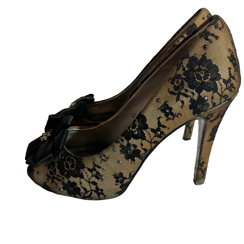 Town Shoes Nude Black Lace Peep Toe High Heel Bow Women's Size 6